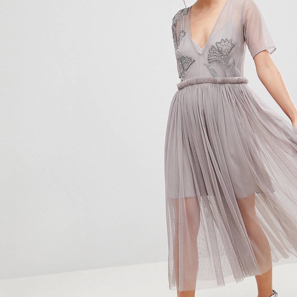 Asos Embellished deep plunge mesh midi dress